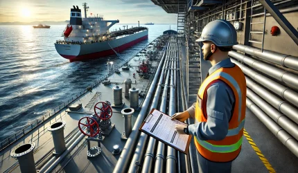 DALL·E-2024-11-14-10.35.41-A-realistic-scene-of-a-maritime-surveyor-conducting-inspections-and-audits-on-a-large-oil-tanker.-The-surveyor-is-equipped-with-safety-gear-helmet-h